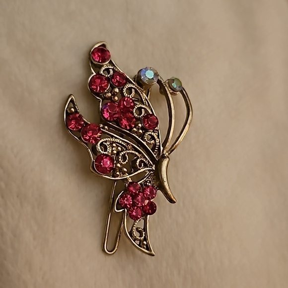 Vintage Hot Pink Rhinestone Filigree and  Blue Glitter Butterfly Hair Clips main image 7